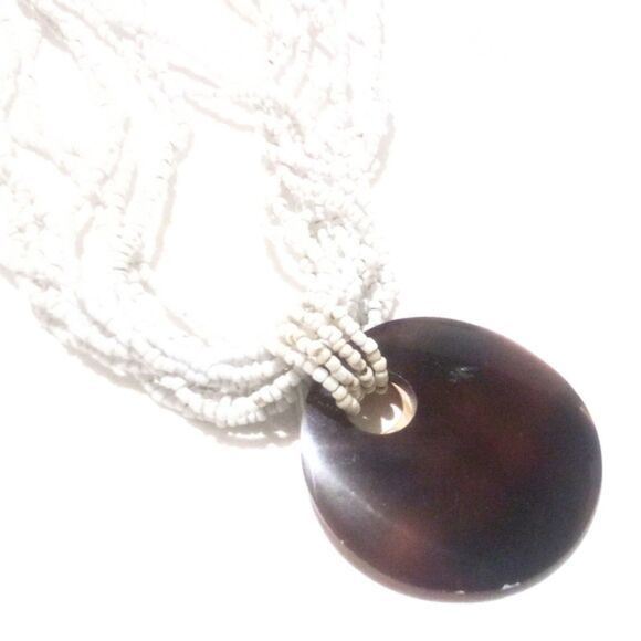 Boho Inspired White Seed Bead and Mother of Pearl Shell Pendant Necklace - Picture 5 of 5